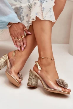 Outlet Damskie buty S.Barski Transparentne Sandały Na Słupku Z Kryształkami I Ozdobą D&A MR51-702 Złote