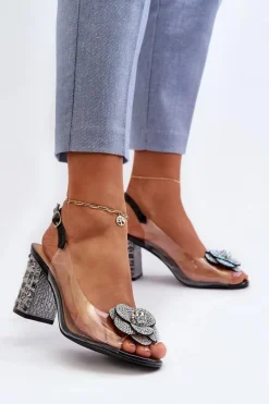 Outlet Damskie buty S.Barski Transparentne Sandały Na Słupku Z Ozdobami S.Barski MR38-356 Czarne