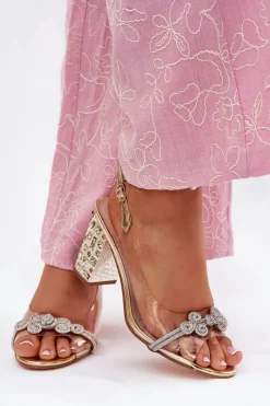 Discount Transparentne Sandały Na Słupku D&A MR51-705 Złote Damskie Sandały Na Słupku|Sandały Na Obcasie