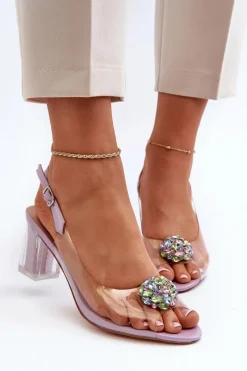 Sale Damskie buty S.Barski Transparentne Sandały Na Słupku z Ozdobą Fioletowe D&A MR38-454 Fioletowy