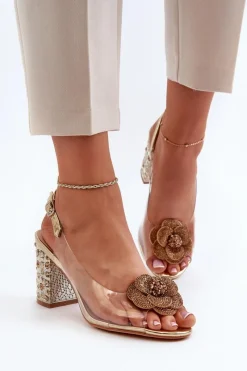 Sandały Z Cholewką|Sandały Na Obcasie>Damskie buty S.Barski Transparentne Sandały Na Słupku Z Ozdobami S.Barski MR38-356 Złote