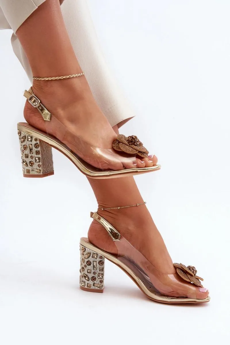 Sandały Z Cholewką|Sandały Na Obcasie>Damskie buty S.Barski Transparentne Sandały Na Słupku Z Ozdobami S.Barski MR38-356 Złote