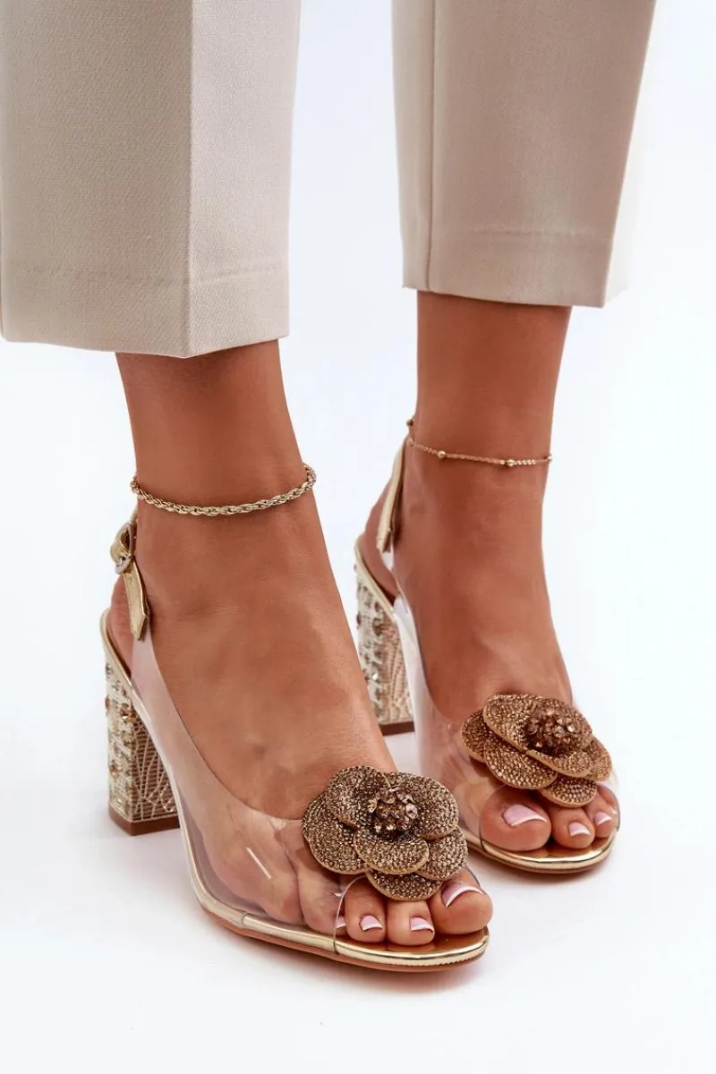 Sandały Z Cholewką|Sandały Na Obcasie>Damskie buty S.Barski Transparentne Sandały Na Słupku Z Ozdobami S.Barski MR38-356 Złote