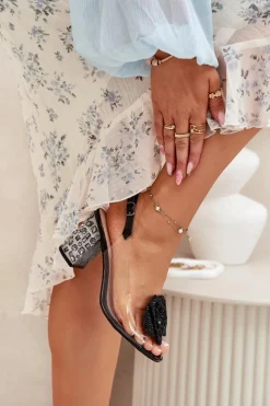 Sandały Na Słupku|Sandały Na Obcasie>Damskie buty S.Barski Transparentne Sandały Na Słupku Z Kryształkami I Ozdobą D&A MR51-702 Czarne Czarny