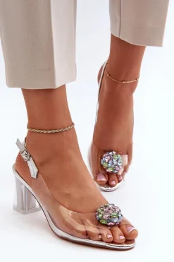 Sandały Na Słupku|Sandały Na Obcasie>Damskie buty S.Barski Transparentne Sandały Na Słupku z Ozdobą Srebrne D&A MR38-454 Srebrny