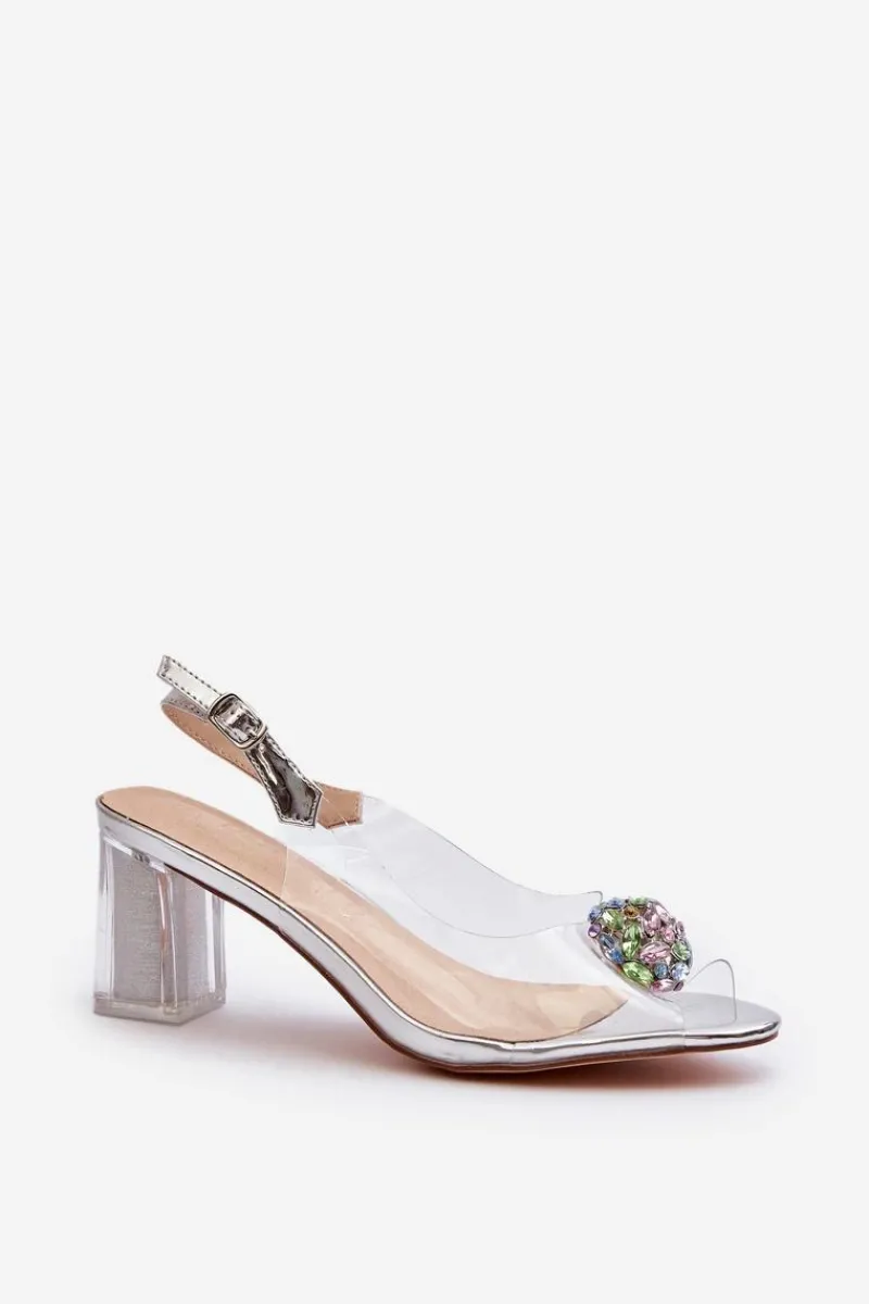Sandały Na Słupku|Sandały Na Obcasie>Damskie buty S.Barski Transparentne Sandały Na Słupku z Ozdobą Srebrne D&A MR38-454 Srebrny