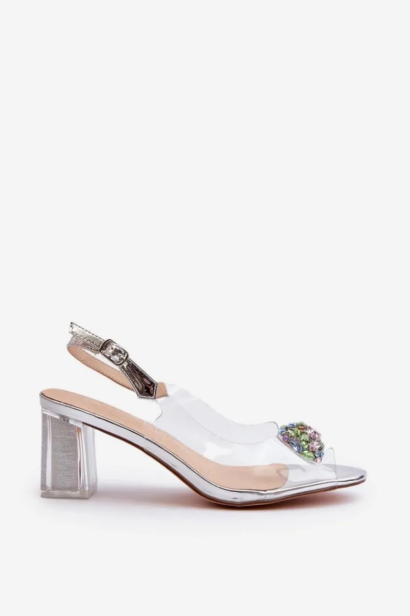 Sandały Na Słupku|Sandały Na Obcasie>Damskie buty S.Barski Transparentne Sandały Na Słupku z Ozdobą Srebrne D&A MR38-454 Srebrny