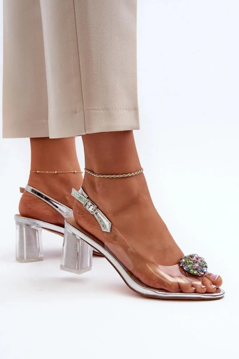Sandały Na Słupku|Sandały Na Obcasie>Damskie buty S.Barski Transparentne Sandały Na Słupku z Ozdobą Srebrne D&A MR38-454 Srebrny