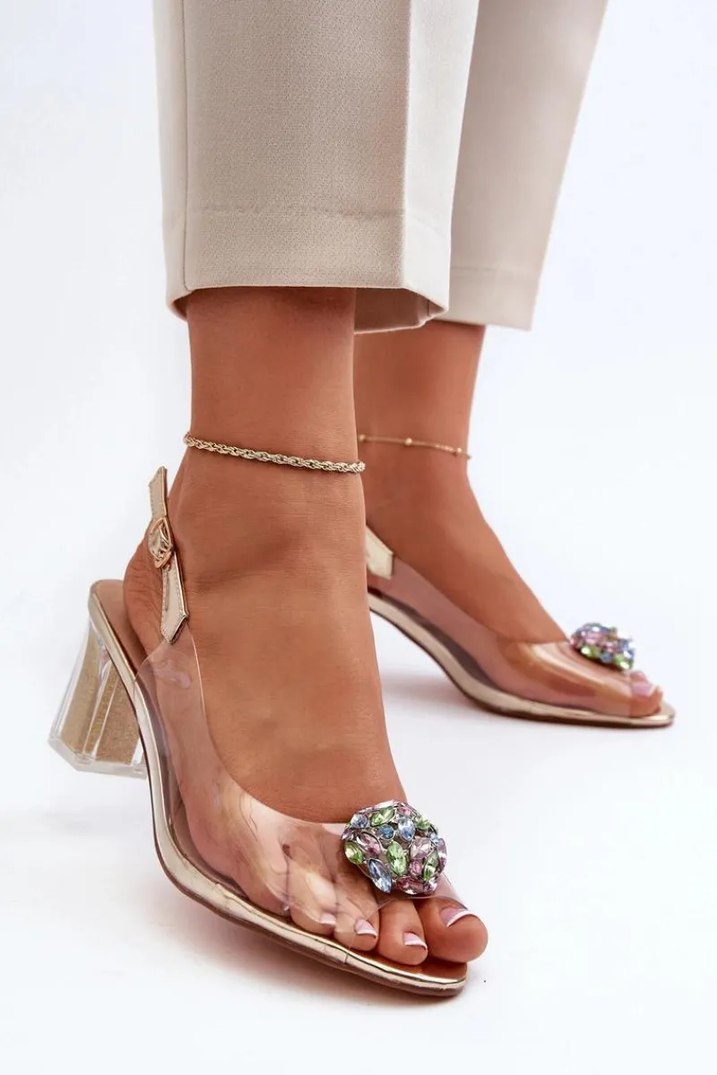 Sandały Na Obcasie>Damskie buty S.Barski Transparentne Sandały Na Słupku z Ozdobą Złote D&A MR38-454