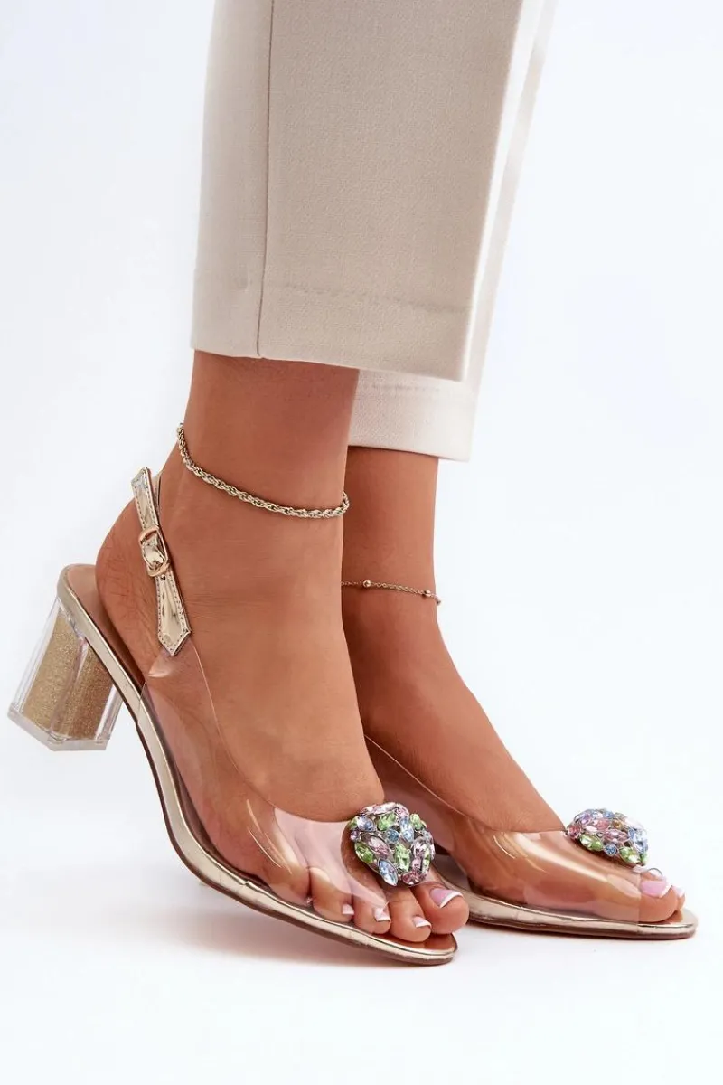 Sandały Na Obcasie>Damskie buty S.Barski Transparentne Sandały Na Słupku z Ozdobą Złote D&A MR38-454