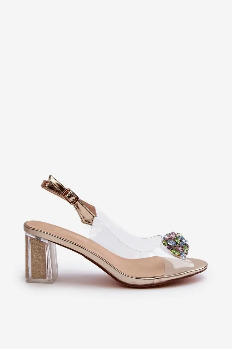 Sandały Na Obcasie>Damskie buty S.Barski Transparentne Sandały Na Słupku z Ozdobą Złote D&A MR38-454