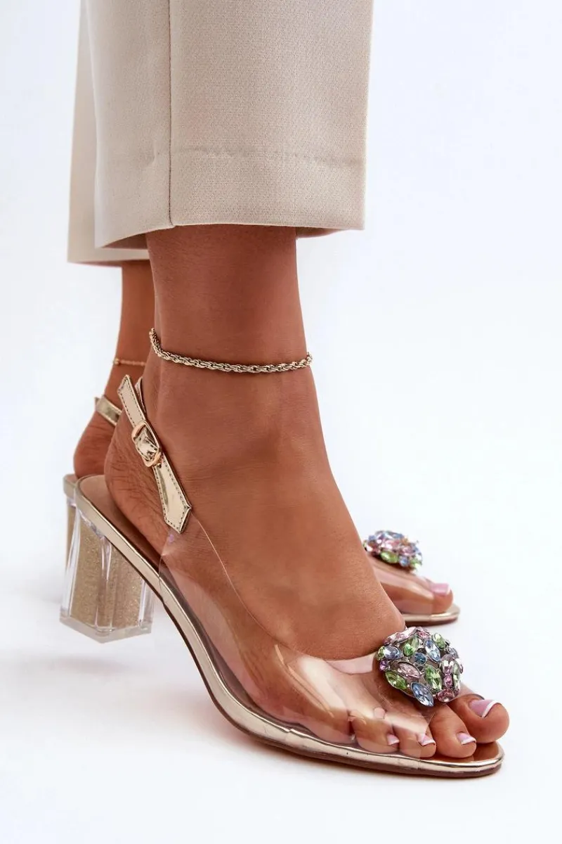 Sandały Na Obcasie>Damskie buty S.Barski Transparentne Sandały Na Słupku z Ozdobą Złote D&A MR38-454