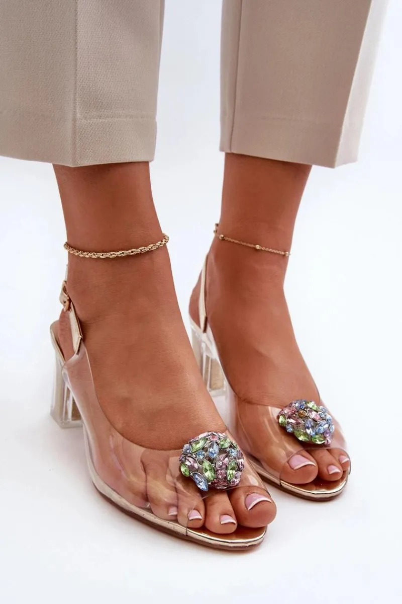 Sandały Na Obcasie>Damskie buty S.Barski Transparentne Sandały Na Słupku z Ozdobą Złote D&A MR38-454