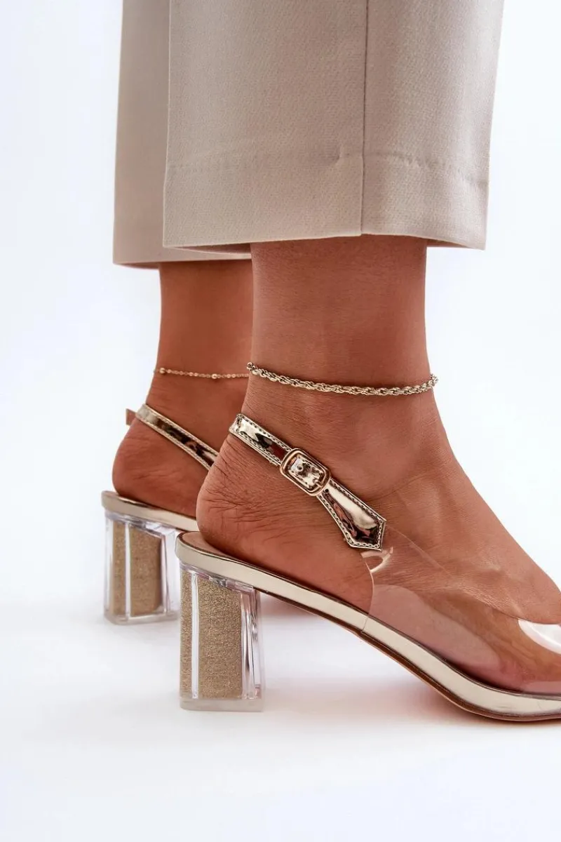 Sandały Na Obcasie>Damskie buty S.Barski Transparentne Sandały Na Słupku z Ozdobą Złote D&A MR38-454