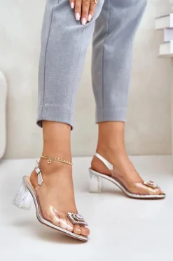 New Damskie buty S.Barski Transparentne Sandały Z Broszką Na Słupku D&A MR42-031 Srebrne