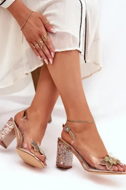 Sale Damskie buty S.Barski Transparentne Sandały Z Kwiatkami Na Zdobionym Obcasie D&A MR38-331 Różowe Złoto