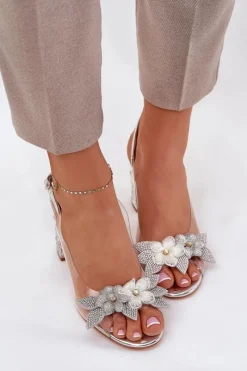 Outlet Transparentne Sandały Z Kwiatkami Na Zdobionym Obcasie D&A MR38-331 Srebrne Damskie Sandały Na Słupku|Sandały Na Obcasie