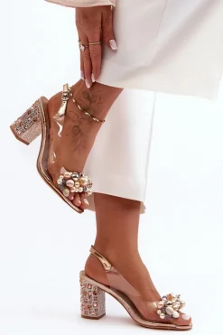 Outlet Transparentne Stylowe Sandały Na Słupku Różowe Złoto S.Barski MR1037-17 Damskie Sandały Na Obcasie