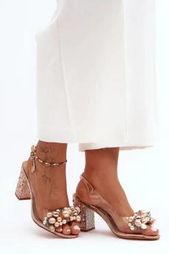 Outlet Transparentne Stylowe Sandały Na Słupku Różowe Złoto S.Barski MR1037-17 Damskie Sandały Na Obcasie