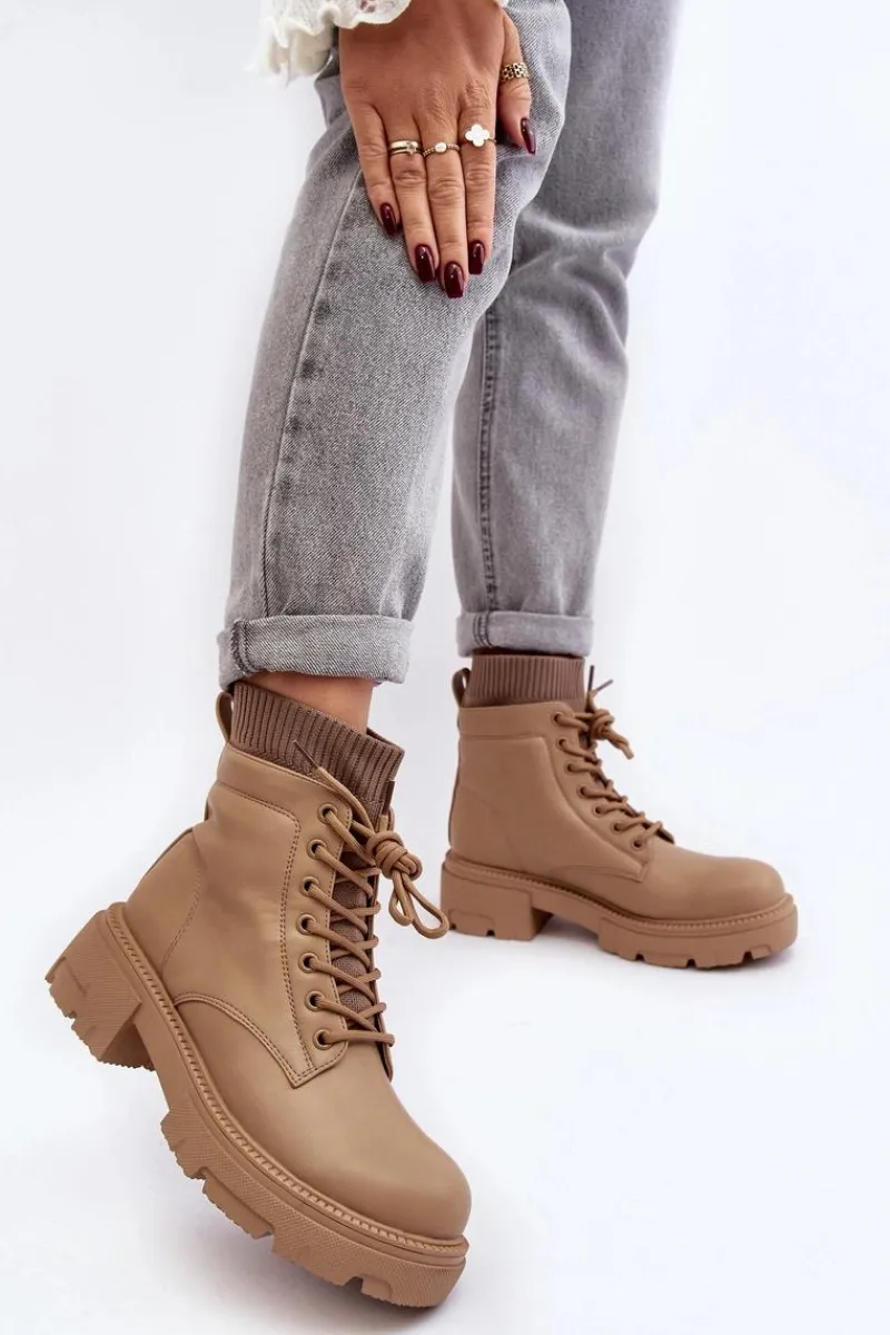 Discount Trapery Botki Damskie Ze Skarpetą Beżowe Rivella Damskie Botki Ocieplane|Damskie Trapery