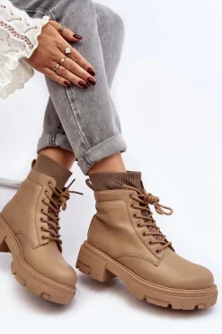 Discount Trapery Botki Damskie Ze Skarpetą Beżowe Rivella Damskie Botki Ocieplane|Damskie Trapery