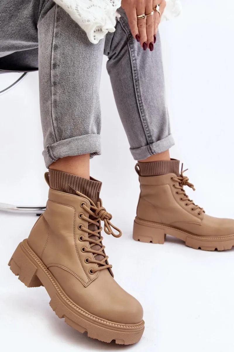 Discount Trapery Botki Damskie Ze Skarpetą Beżowe Rivella Damskie Botki Ocieplane|Damskie Trapery