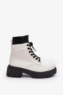 Outlet Trapery Botki Damskie Ze Skarpetą Biało-Czarne Rivella Damskie Damskie Trapery|Botki Sznurowane