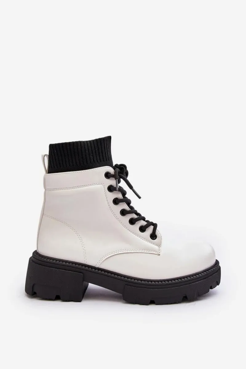 Outlet Trapery Botki Damskie Ze Skarpetą Biało-Czarne Rivella Damskie Damskie Trapery|Botki Sznurowane