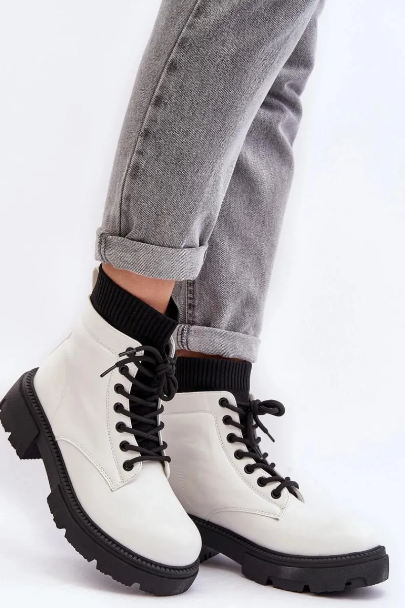 Outlet Trapery Botki Damskie Ze Skarpetą Biało-Czarne Rivella Damskie Damskie Trapery|Botki Sznurowane