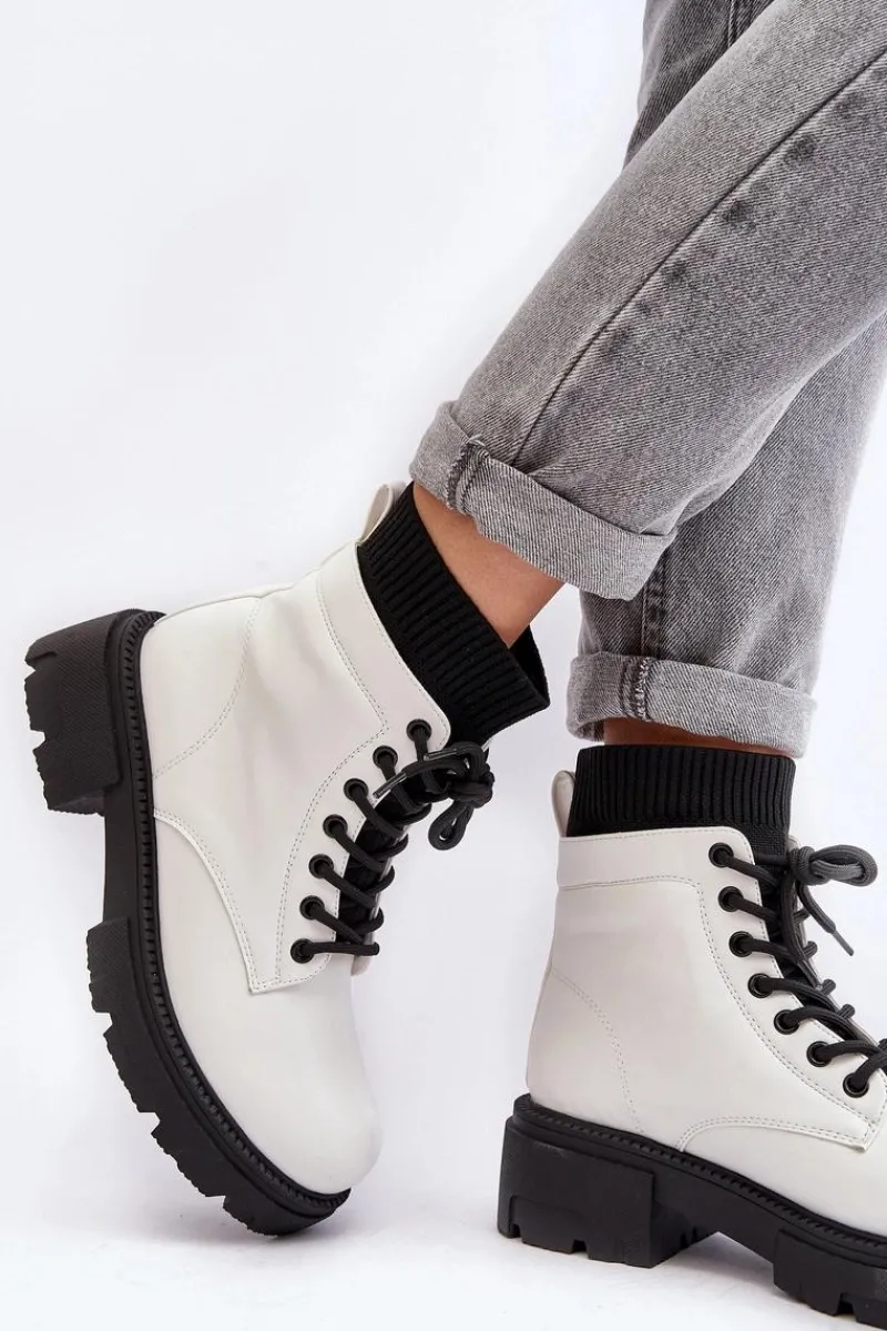 Outlet Trapery Botki Damskie Ze Skarpetą Biało-Czarne Rivella Damskie Damskie Trapery|Botki Sznurowane
