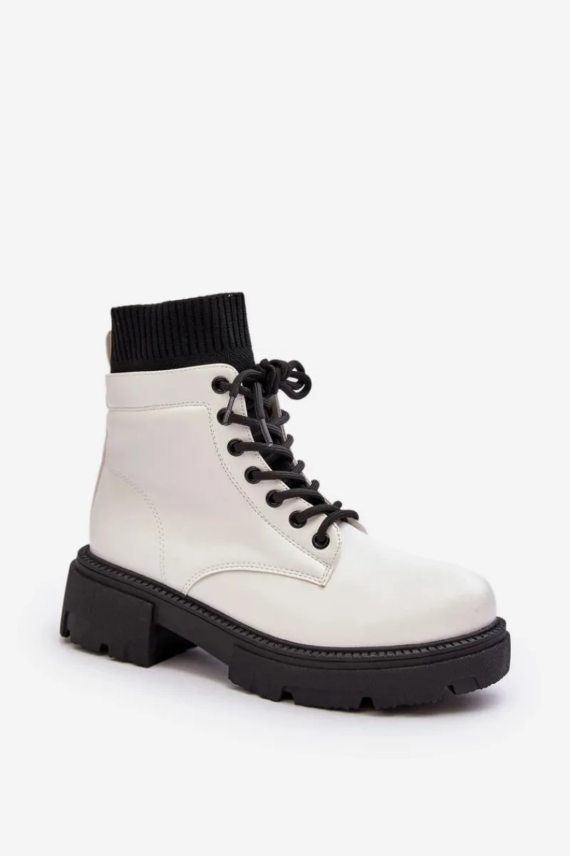 Outlet Trapery Botki Damskie Ze Skarpetą Biało-Czarne Rivella Damskie Damskie Trapery|Botki Sznurowane