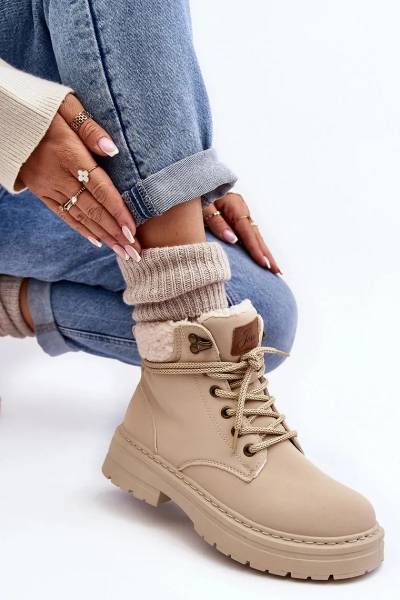 New Trapery Damskie Skórzane Z Kożuchem Jasnobeżowe Lynnvia Damskie Damskie Trapery|Botki Sznurowane