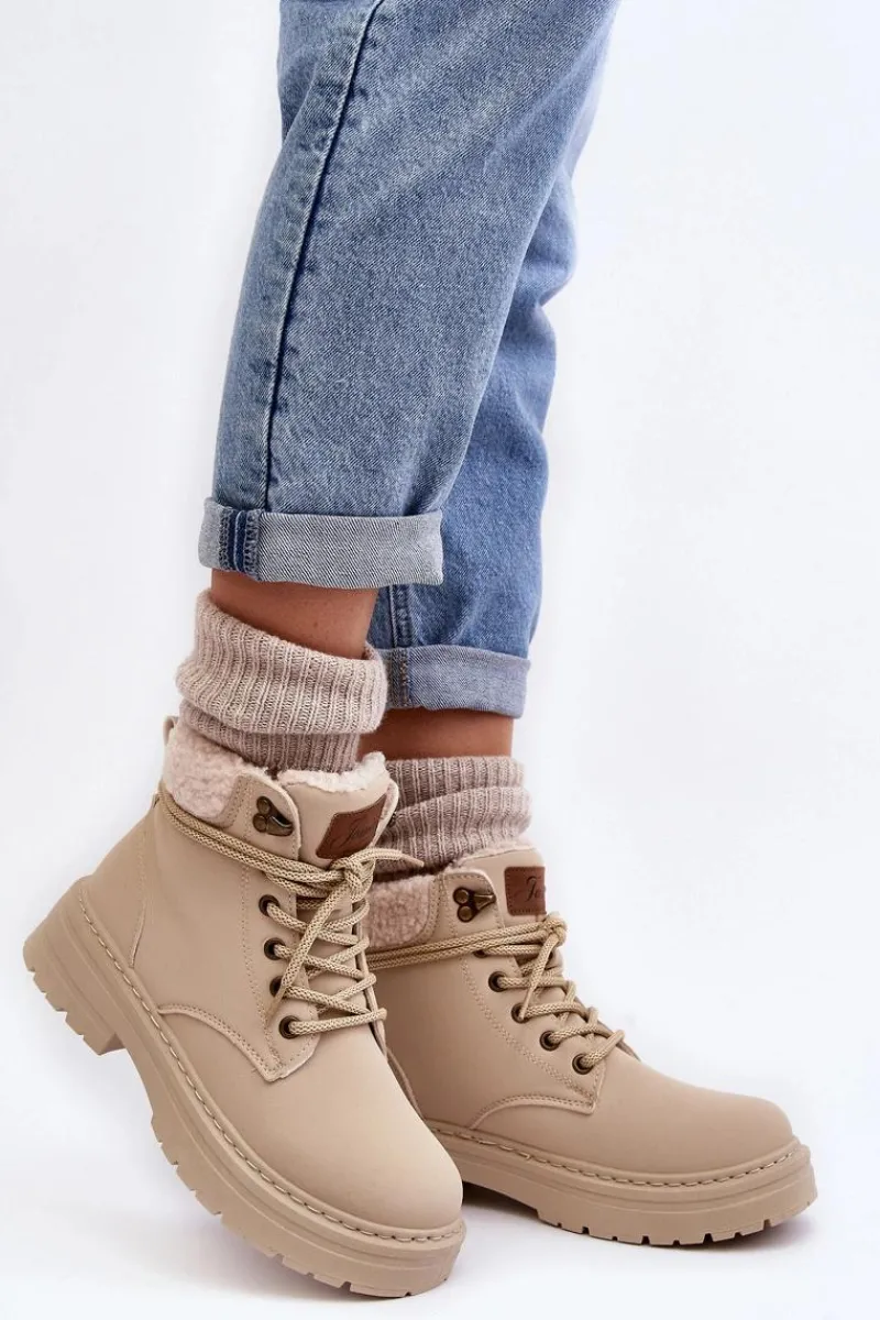New Trapery Damskie Skórzane Z Kożuchem Jasnobeżowe Lynnvia Damskie Damskie Trapery|Botki Sznurowane