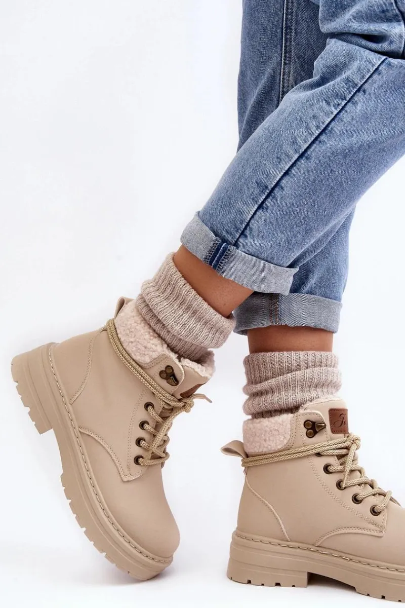 New Trapery Damskie Skórzane Z Kożuchem Jasnobeżowe Lynnvia Damskie Damskie Trapery|Botki Sznurowane