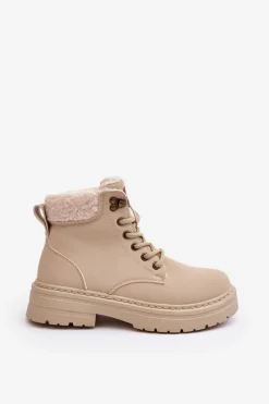New Trapery Damskie Skórzane Z Kożuchem Jasnobeżowe Lynnvia Damskie Damskie Trapery|Botki Sznurowane