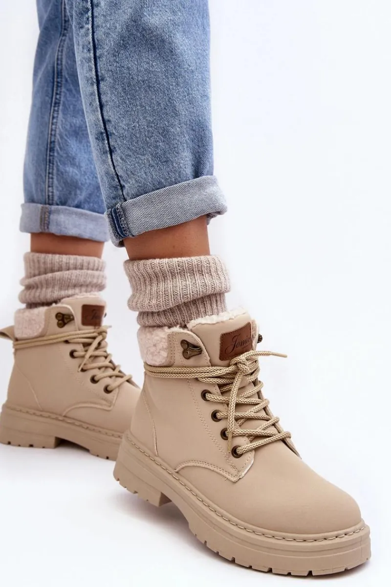 New Trapery Damskie Skórzane Z Kożuchem Jasnobeżowe Lynnvia Damskie Damskie Trapery|Botki Sznurowane