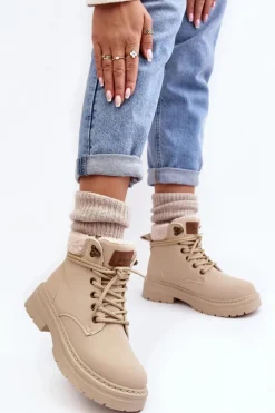 New Trapery Damskie Skórzane Z Kożuchem Jasnobeżowe Lynnvia Damskie Damskie Trapery|Botki Sznurowane
