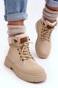 New Trapery Damskie Skórzane Z Kożuchem Jasnobeżowe Lynnvia Damskie Damskie Trapery|Botki Sznurowane