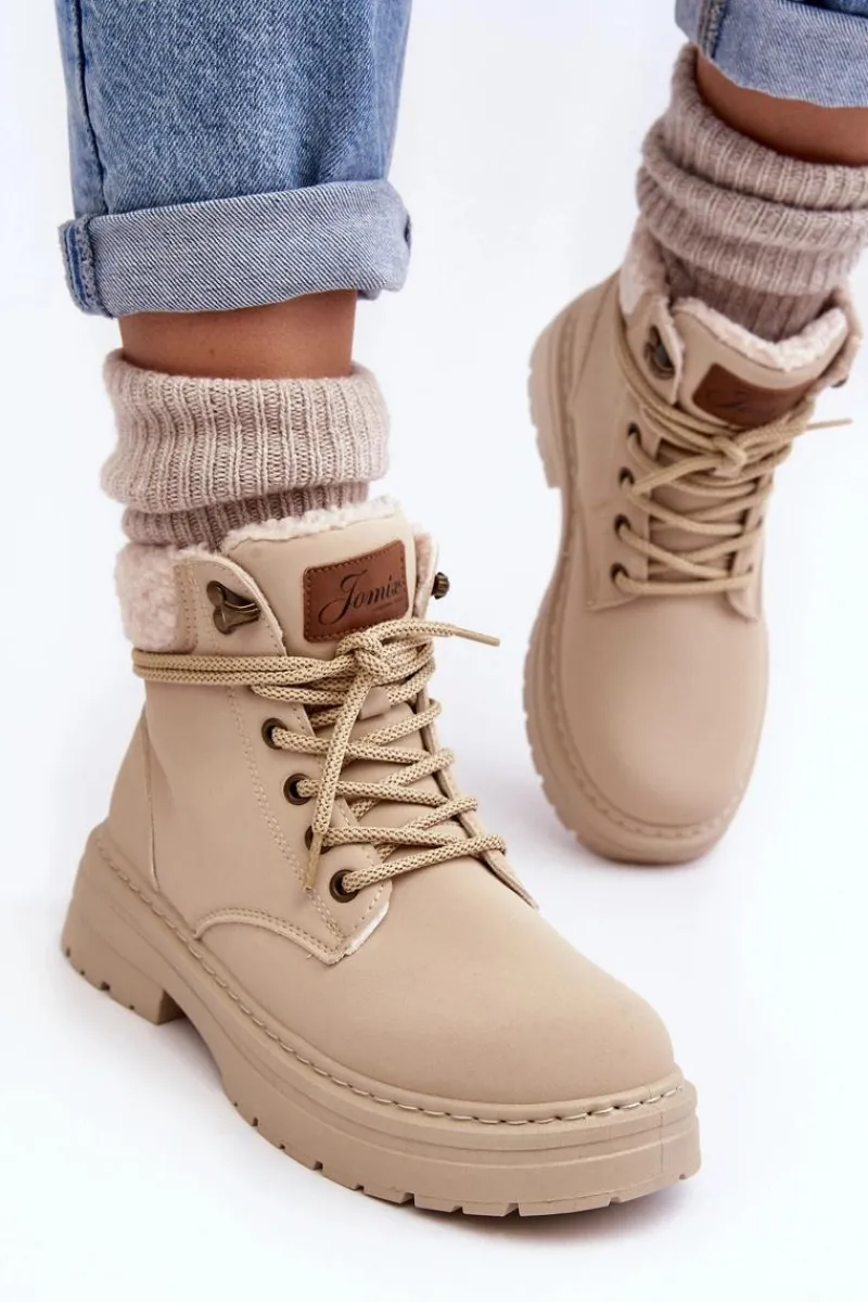 New Trapery Damskie Skórzane Z Kożuchem Jasnobeżowe Lynnvia Damskie Damskie Trapery|Botki Sznurowane