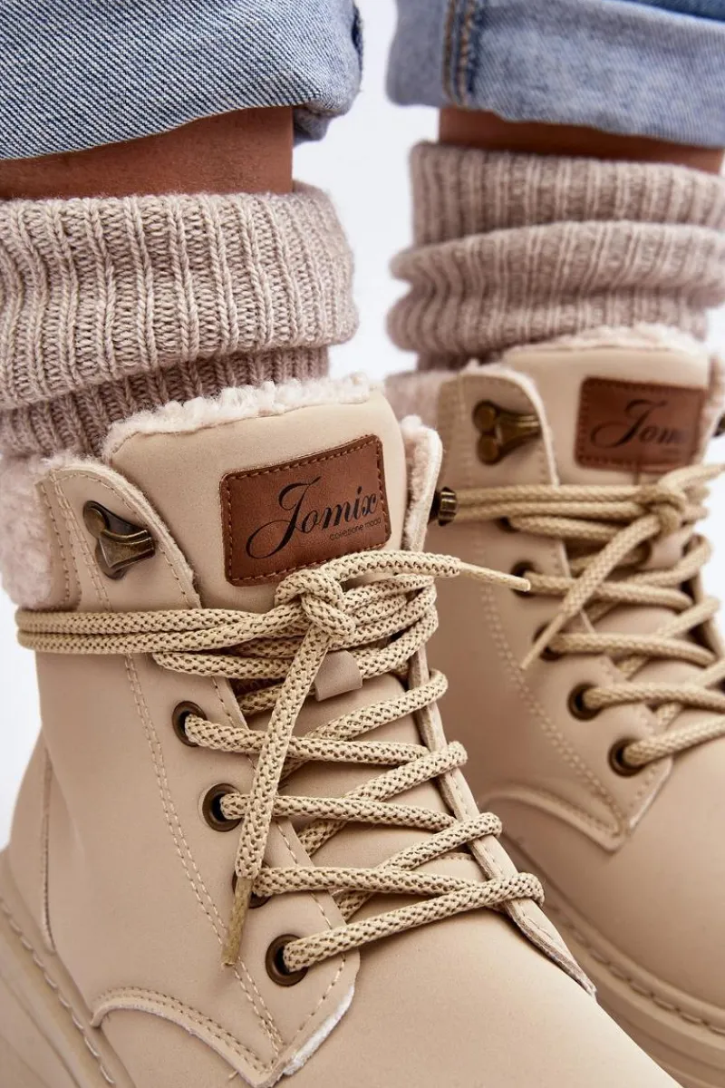 New Trapery Damskie Skórzane Z Kożuchem Jasnobeżowe Lynnvia Damskie Damskie Trapery|Botki Sznurowane