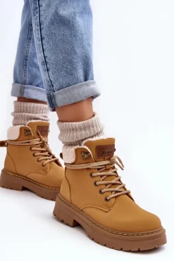 Botki Ocieplane|Damskie Trapery>Boto Trapery Damskie Skórzane Z Kożuchem Camel Lynnvia Brązowy