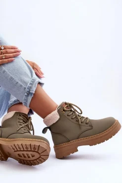 Hot Trapery Damskie Z Kożuchem Zielone Jette Damskie Damskie Trapery|Botki Sznurowane