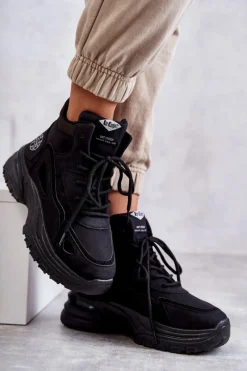 Clearance Trapery na platformie LCJ-22-44-1353L Czarne Damskie Botki Sznurowane|Czarne Botki