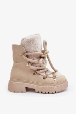Sale Boto Trapery Śniegowce Damskie Z Wiązaniem Jasnobeżowe Shala