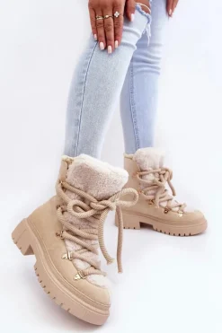 Sale Boto Trapery Śniegowce Damskie Z Wiązaniem Jasnobeżowe Shala