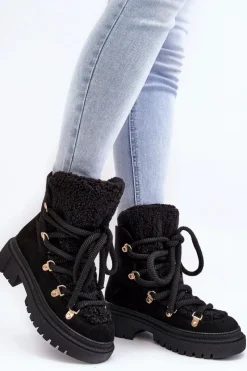 Śniegowce Damskie>Boto Trapery Śniegowce Damskie Z Wiązaniem Czarne Shala