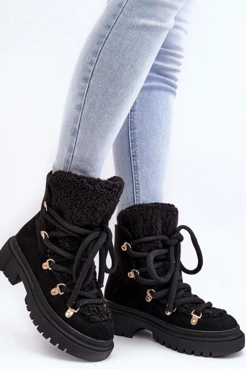 Śniegowce Damskie>Boto Trapery Śniegowce Damskie Z Wiązaniem Czarne Shala