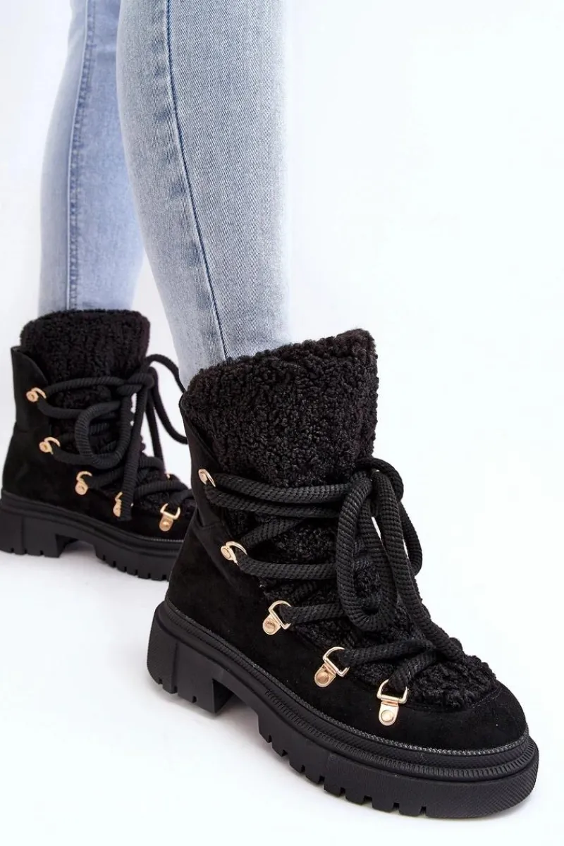 Śniegowce Damskie>Boto Trapery Śniegowce Damskie Z Wiązaniem Czarne Shala