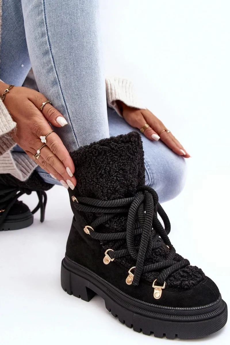 Śniegowce Damskie>Boto Trapery Śniegowce Damskie Z Wiązaniem Czarne Shala