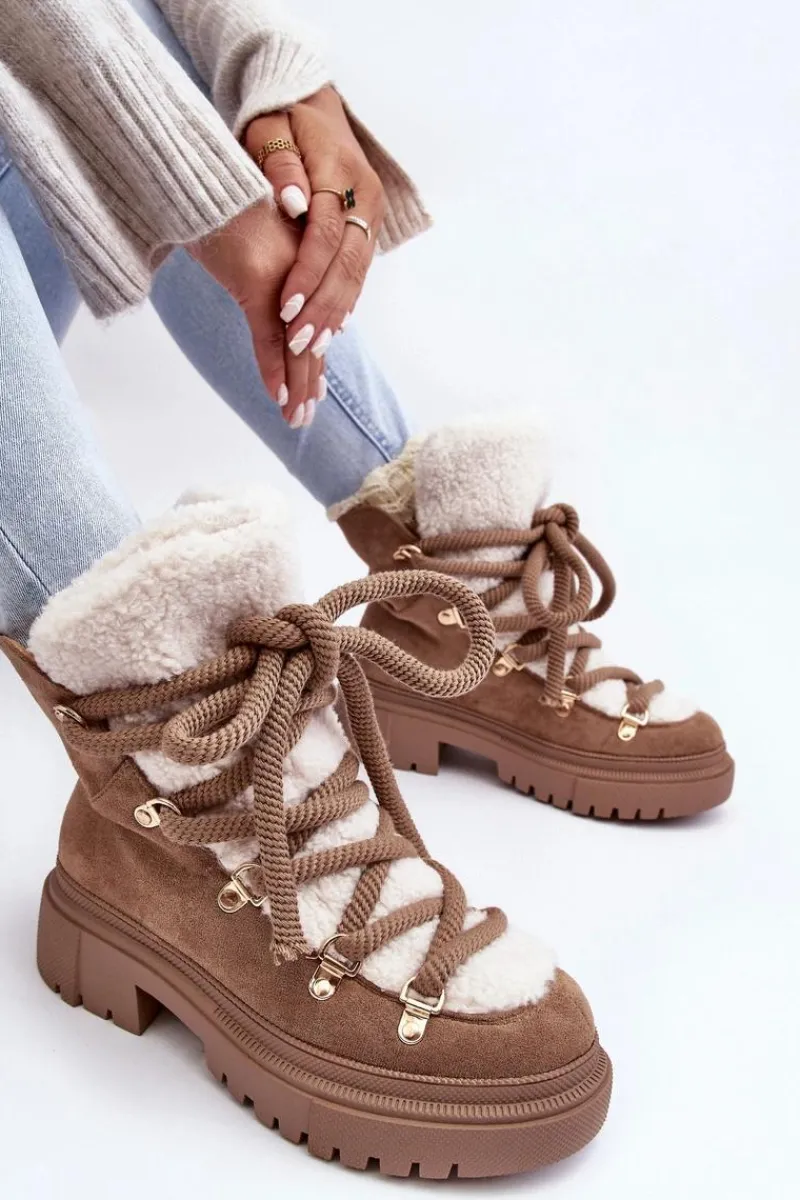 Śniegowce Damskie>Boto Trapery Śniegowce Damskie Z Wiązaniem Beżowe Shala